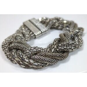 VTG Tri-Mesh Snake Braided Silver Tone Bracelet Magnetic Clasp Six Strand